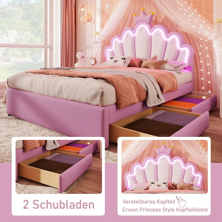 Polsterbett, 140 x 200 cm, Ohne Matratze, Ferngesteuertes Ambientelicht, Bett mit 2 Schubladen, Prinzessinnenbett in Kronenform, Verstellbares Kopfteil, PU, Rosa – Bild 2