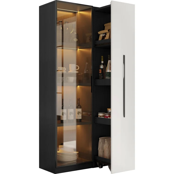 ZUBALIYA LED-Glasvitrine, integrierte LED-Beleuchtung, Türen aus gehärtetem Glas, 1 Schublade, H 160 × B 70 × T 40 cm, Schwarz Weiß, viel Stauraum, für Wohn- und Essbereich – Bild 7