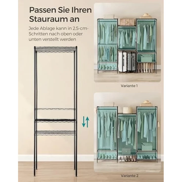 SONGMICS Kleiderständer, offener Kleiderschrank, Garderobe aus Metall, Garderobenständer mit verstellbaren Ablagen und Kleiderstangen, Haken, hochbelastbar, trennbar, tintenschwarz LGRDE431B01 – Bild 6