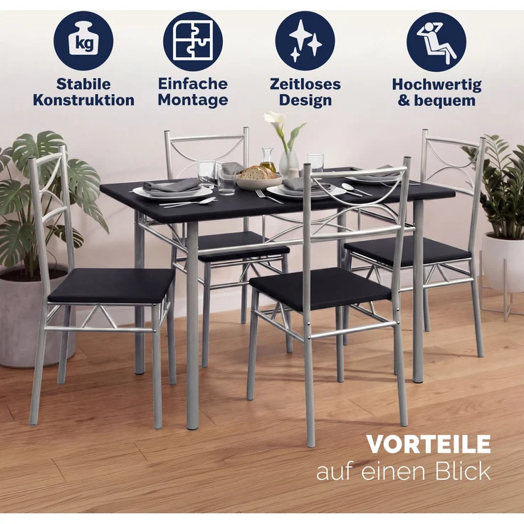 Casaria 5 tlg Sitzgruppe Esstisch Küchentisch mit Stühlen - Schwarz – Bild 9