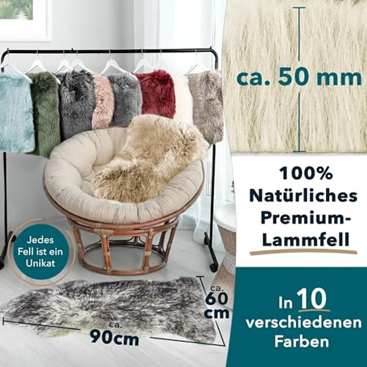 KARAT Lammfell echt - Ivory Flauschige Stuhlkissen Schaffell Deko Teppich für Wohzimmer & Kinderzimmer, Sitzauflage, Dekofell, mit Lederrücken 90x60 cm (Audrey) – Bild 3