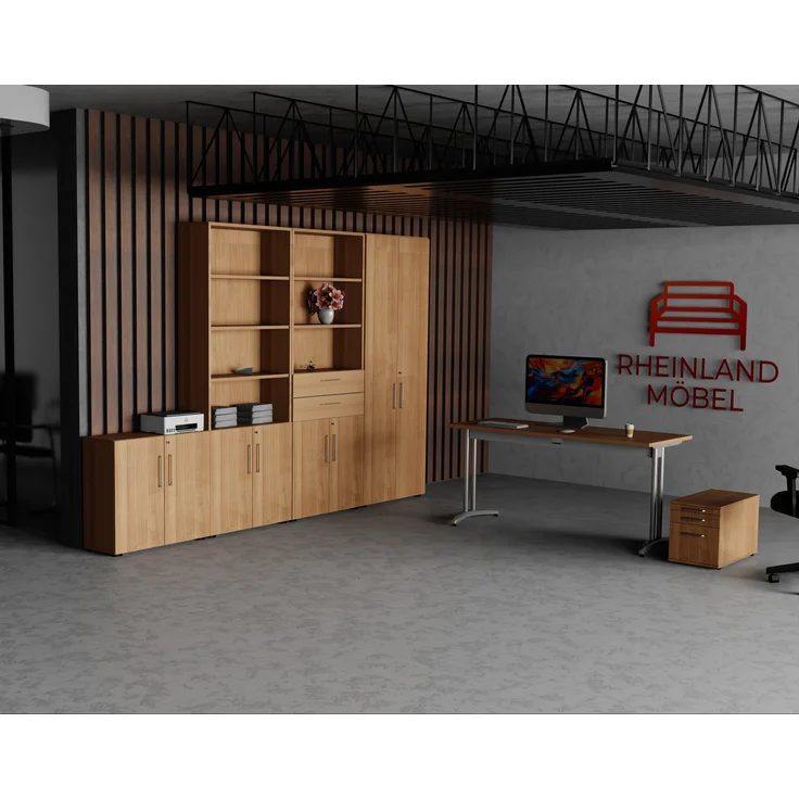 Rheinland Möbel Flügeltürenschrank Cabino 80×42×216 cm – abschließbarer Aktenschrank 2OH mit Regalaufsatz 4OH in Nussbaum mit 110° Drehtüren & Metallgriff – Bild 5