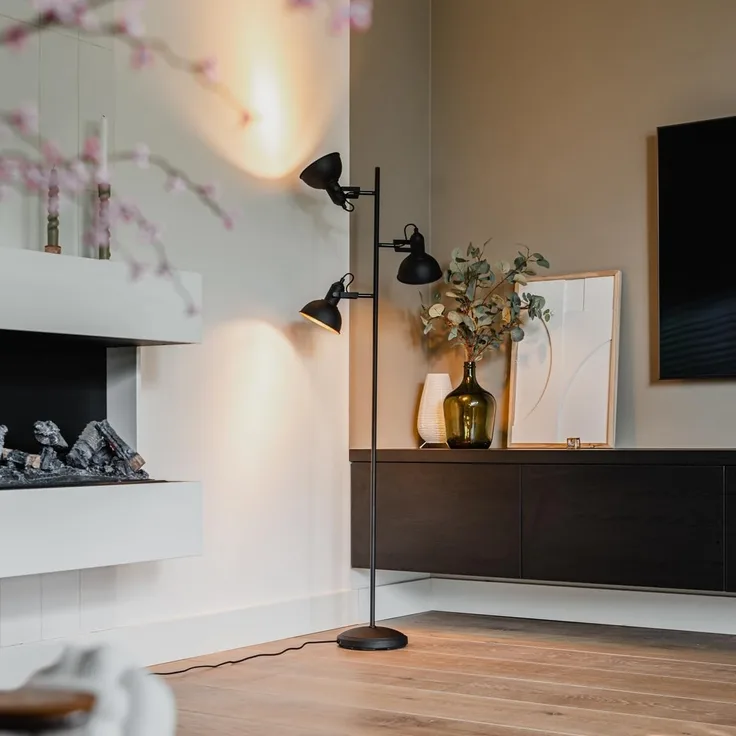 Qazqa Stehlampe Tommy, ohne Leuchtmittel, E14, Schwarz, Industrie, Stahl, 3-flammig