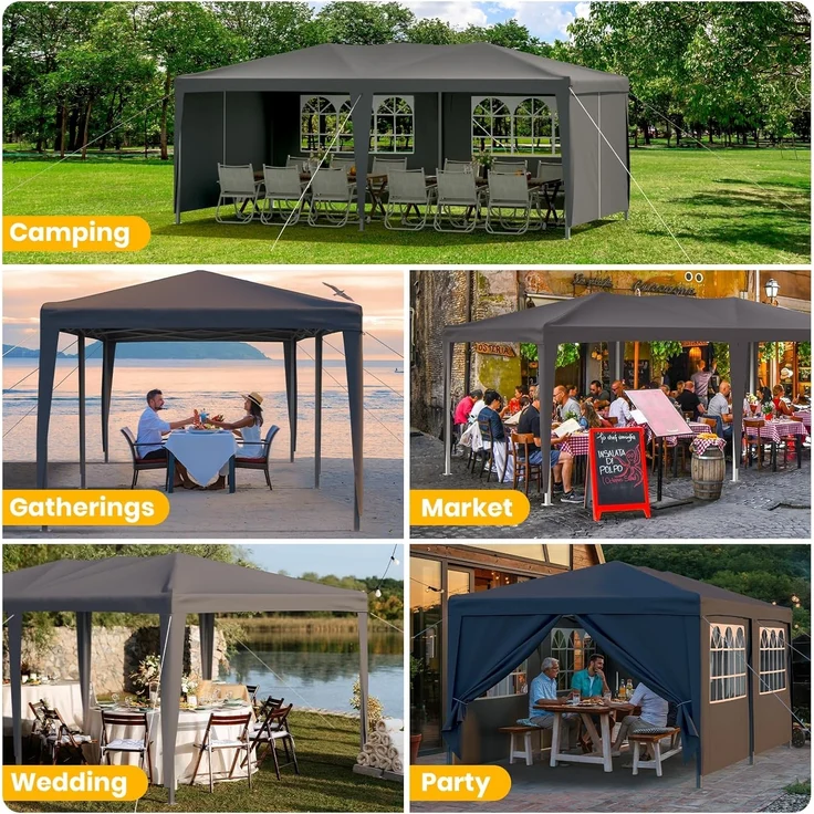 Velway Faltpavillon 3x6 m Wasserdicht Pavillon - Anti-UV Stabil Winterfest Faltbar Partyzelt - Gartenpavillon mit 6 Seitenwänden & Dach 12 Erdhaken & 6 Seile - Gartenzelt für Freien Hochzeiten - Grau – Bild 4