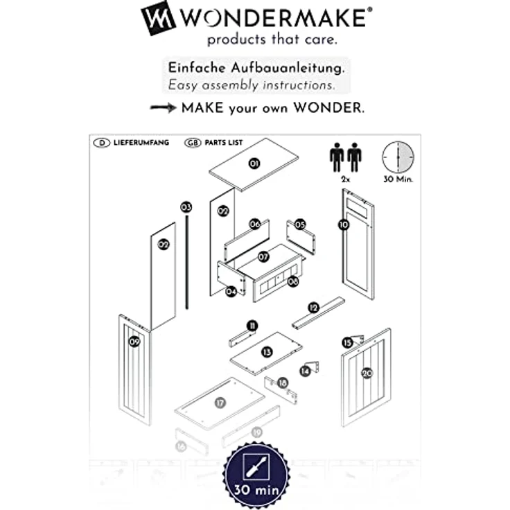 WONDERMAKE Wäschebox Mülleimer-Schrank, hoch aus weißem MDF und Bambus mit Schublade, 51 x 37 x 82 cm, klappbar – Bild 8