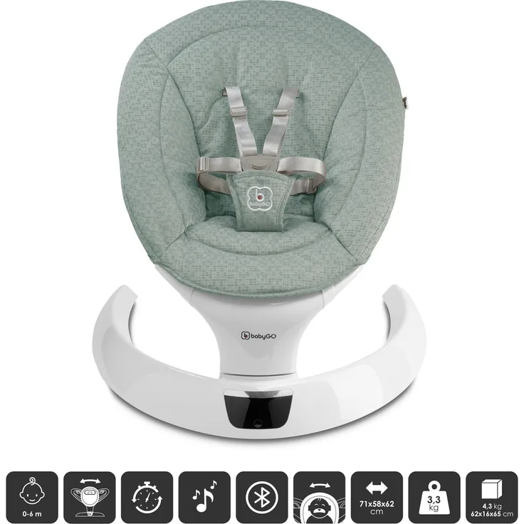 BabyGo Swing Babywippe, elektrisch mit Bewegungsmelder und Bluetooth, grün, bis 9 kg, 12 Melodien