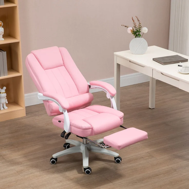 MELAYR, Bürostuhl mit Fußstütze, verstellbare Rückenlehne, höhenverstellbar, 5 Rollen, Rosa + Weiß, 65 x 68 x 116 cm – Bild 3