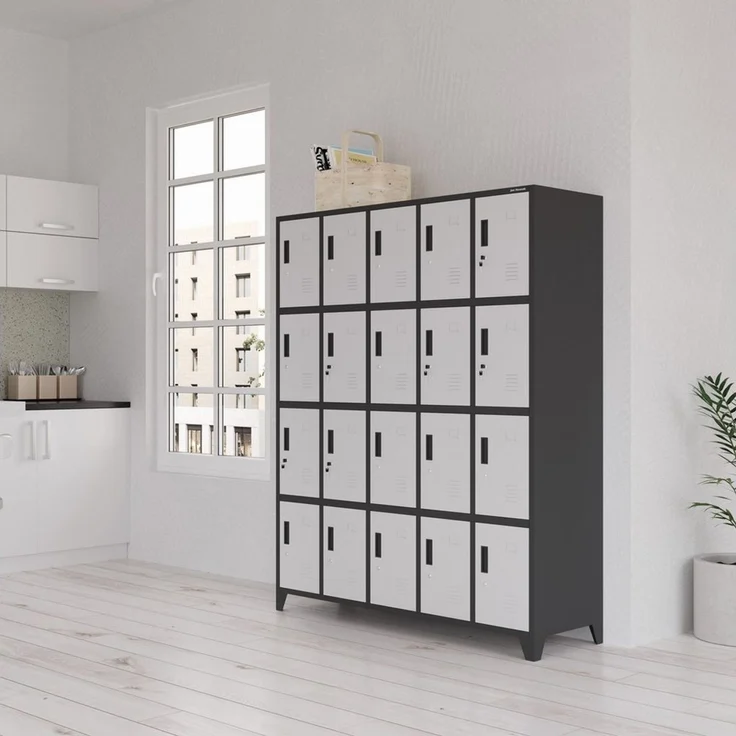 Domator Umkleideschrank 5B4A Fächerschrank Schließfachschrank mit 20 Fächern Wertfachschrank Metall Pulverbeschichtung 172 x 136 x 45 cm (H x B x T) (Anthrazit-Weiß) – Bild 3