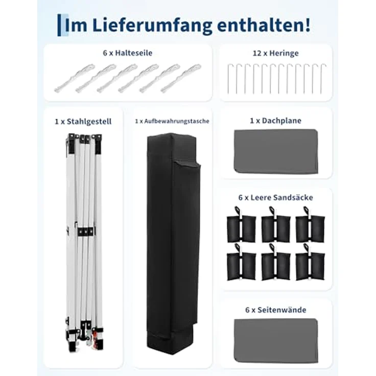 Faltpavillon 3x6 m wasserdicht stabil mit 6 Seitenwänden – Pop up Pavillon faltbar aus 420D Oxford, UV-Schutz 50+, 3-Fach höhenverstellbar, Partyzelt mit Tragetasche für Garten & Outdoor Grau – Bild 6