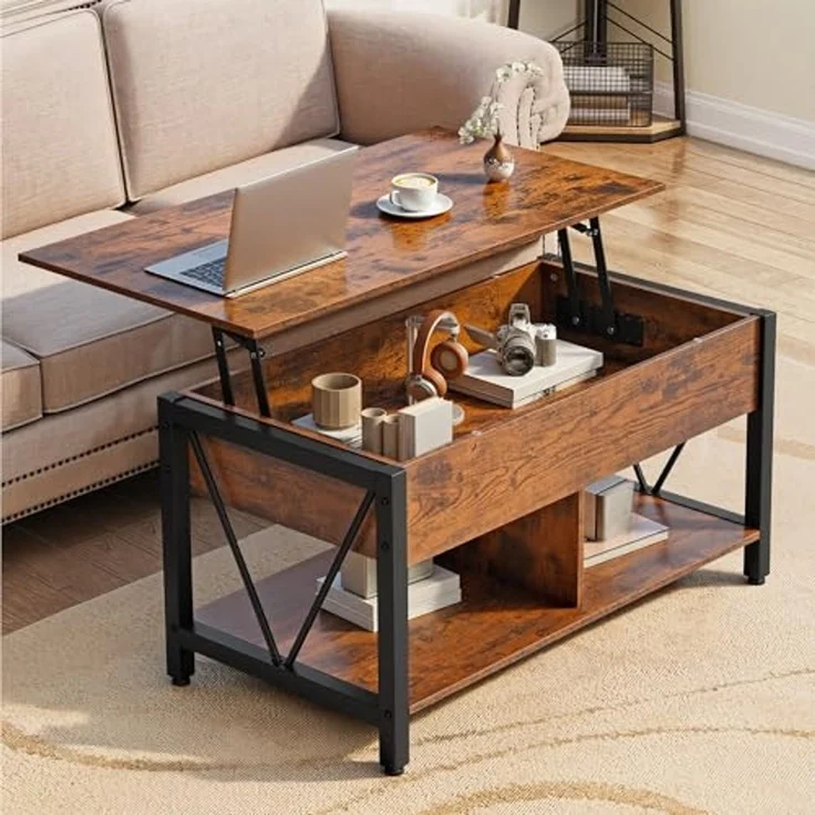 YITAHOME Höhenverstellbarer Couchtisch im Industrie-Design mit verstecktem Stauraum & Ablage, Multifunktionaler Wohnzimmertisch mit Gasdruckfeder, Ideal als Arbeits- oder Esstisch, Vintage-Braun – Bild 2