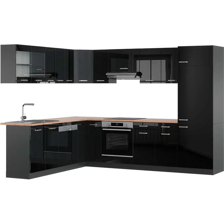 Eckküche R-Line Schwarz Hochglanz/Anthrazit 287 x 227 cm, AP Eiche Vicco – Bild 1