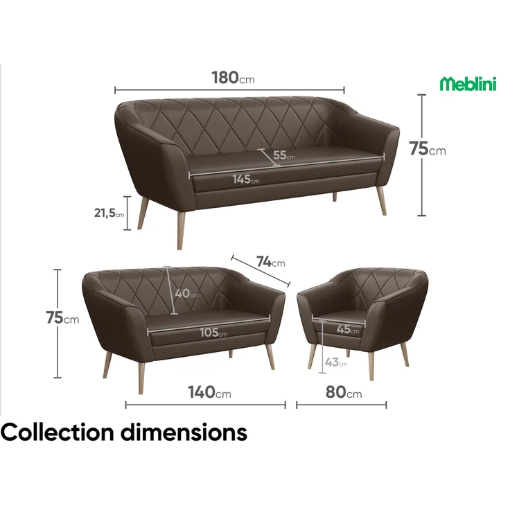 MEBLINI Sofa GISELA 3-Sitzer - Braun Kunstleder - für Wohnzimmer - Mini Lounge für drei Personen - Küchensofa - Sofa Klein – Bild 6