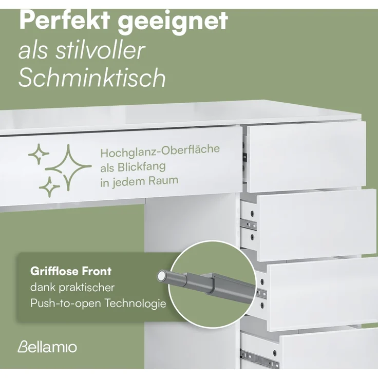 Bellamio 'Livny' Schreibtisch mit 5 Schubladen, beidseitig montierbar, weiß Hochglanz, 80x53x110 cm, Computertisch mit Stauraum, Bürotisch mit Push-to-open, geeignet als Schminktisch – Bild 6