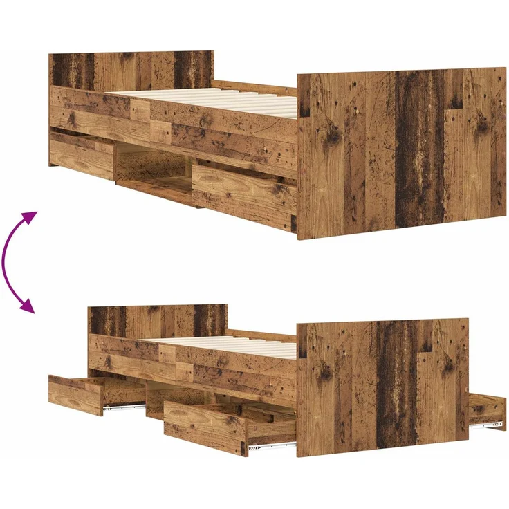 vidaXL Bettrahmen mit Schubladen mit Kopfteil Altholz Holzwerkstoff 3429512 – Bild 8