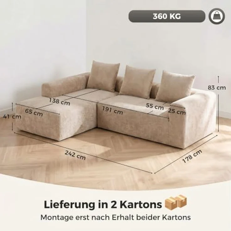 HOMCOM Ecksofa L-Form 242 cm, Boneless Couch in Beige, 3-Sitzer mit Rücken- und Sitzpolsterung, Taschenfederkern, inklusive 3 Kissen, rahmenlos, keine Montage erforderlich – Bild 3