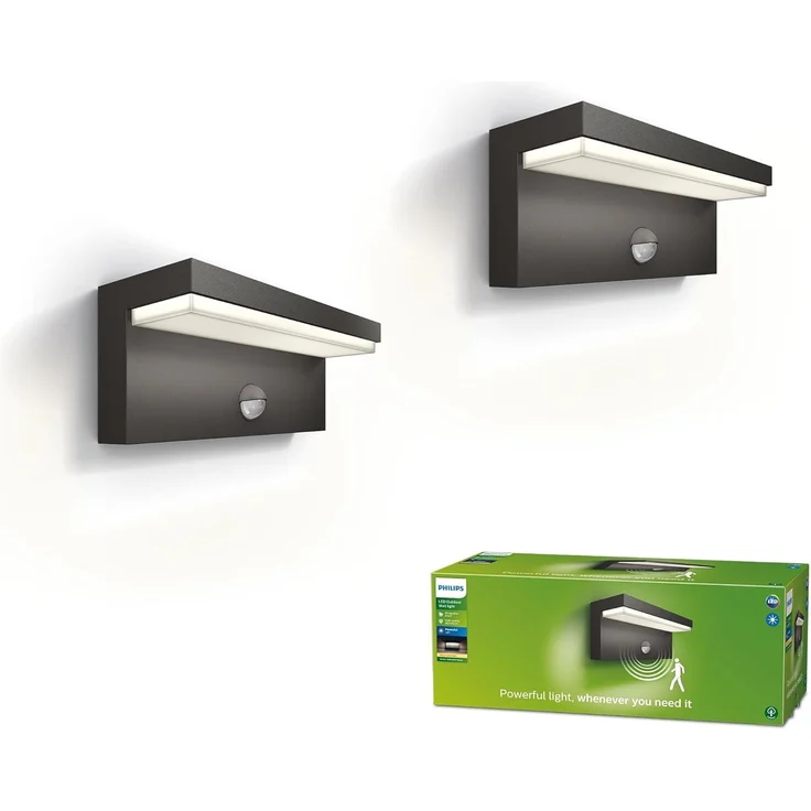 Philips LED Bustan ultra effiziente Außenwandleuchte 9W mit Bewegungssensor, 2700K warmweißes Licht, Anthrazit, IP44 wetterfest, Doppelpack – Bild 1
