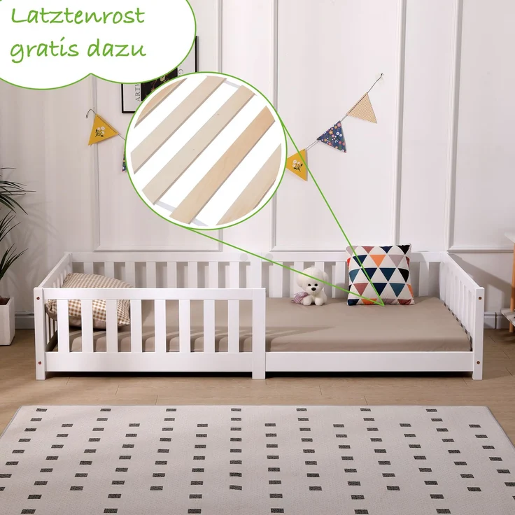 ecoMI Kinderbett mit Rausfallschutz und Lattenrost, Kiefernholz weiß, 90x200 cm – Bild 7