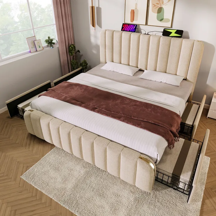 Polsterbett Doppeltes, gepolstertes Kopfteil mit goldenen Zierstreifen und ,USB Typ-C Ladefunktion 180*200 cm, Beige Leinen-Material mit 4 Schubladen ,Belastbarkeit 226 kg (Ohne Matratze)