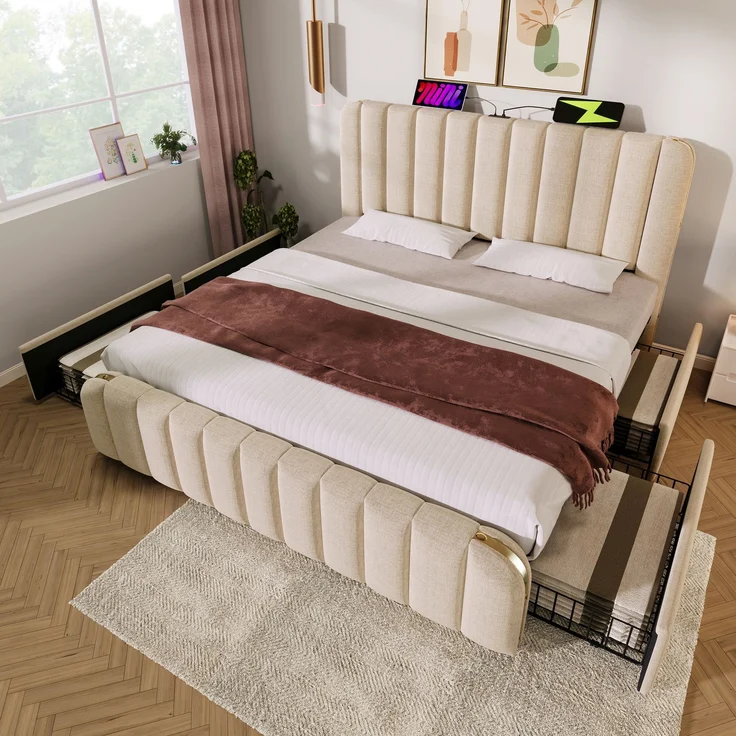 Polsterbett Doppeltes, gepolstertes Kopfteil mit goldenen Zierstreifen und ,USB Typ-C Ladefunktion 180*200 cm, Beige Leinen-Material mit 4 Schubladen ,Belastbarkeit 226 kg (Ohne Matratze) – Bild 1
