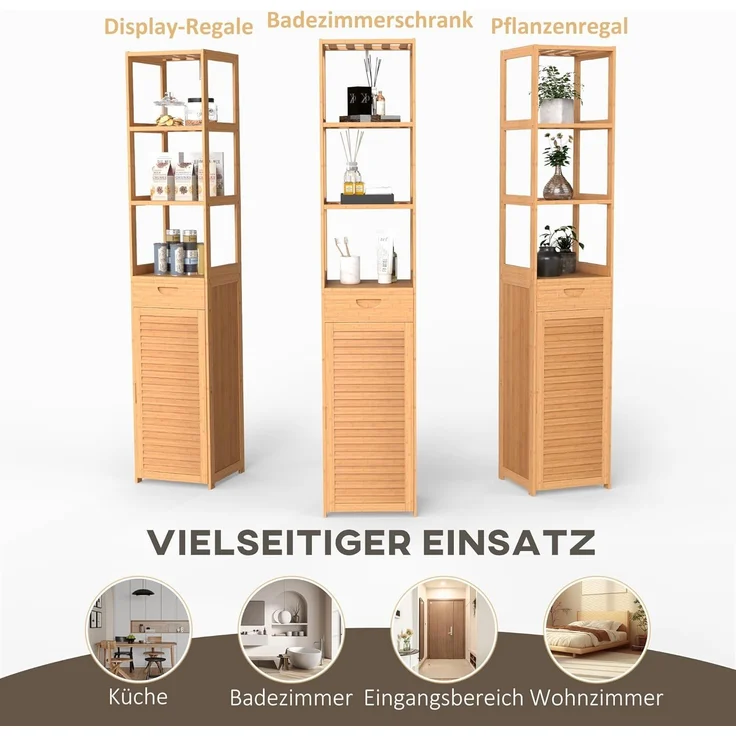 Kleankin Badkommode aus Bambus, mit Schublade, drei Ablagen, offenes Fach (Badezimmerschrank, 1 St, Badezimmermöbel), für Badezimmer, 32 x 30 x 163 cm Naturholz – Bild 7