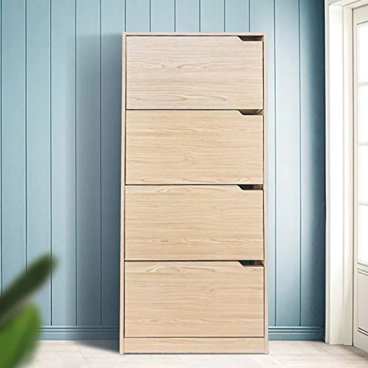 BAKAJI Schuhschrank mit 4 Klappen, Schuhregal, Schuhkipper, Schuhkommode 4 Tiefen Fächern, Verstellbar - Flur, Diele, Wohnzimmer, Schlafzimmer, 63 x 24 x 150 cm, platzsparend, Eingangshaus (Eiche) – Bild 7