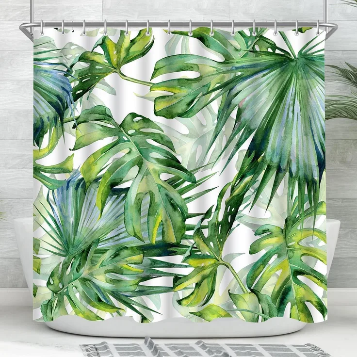 Duschvorhang 220x200cm Grün Blätter Textil Wasserdicht Waschbar 14 Ösen