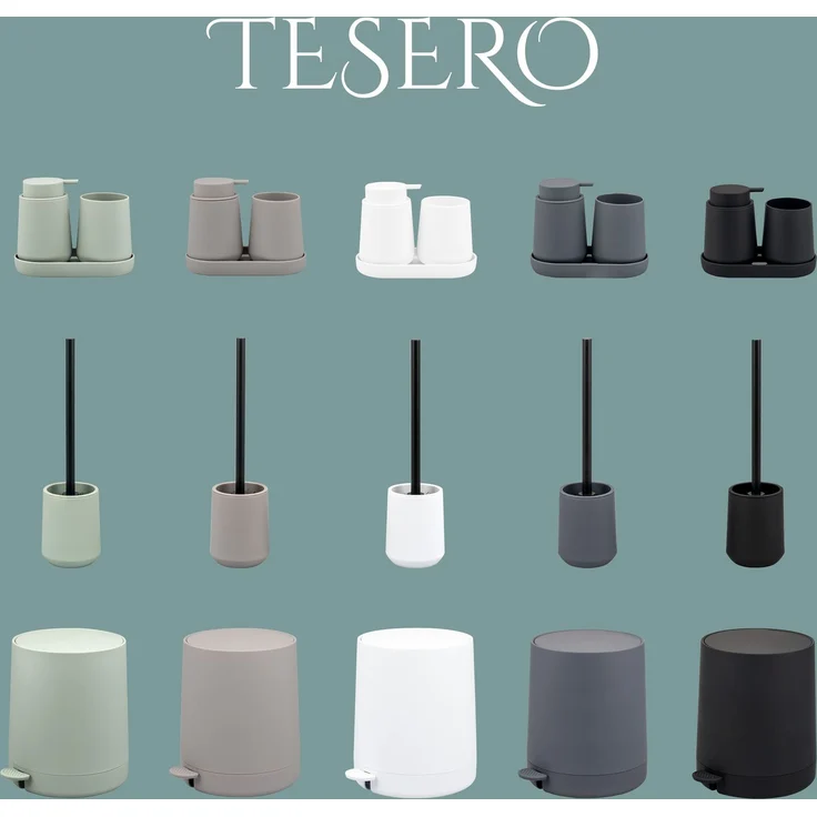 Bad-Accessoires Set TESERO 5tlg. bestehend aus 1x Seifenspender, 1x Becher, 1x Schale, 1x WC-Garnitur, 1x Kosmetikeimer aus Kunststoff in Salbei – Bild 8