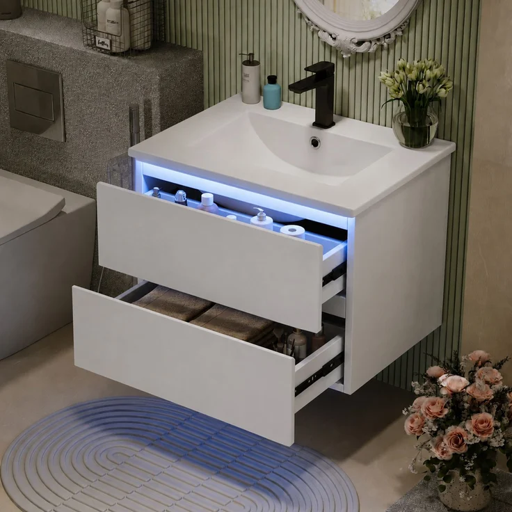 61×46×45cm wandhängender Waschtisch, hochwertig lackiert, mit LED-Radarsensorleuchte, 2 Schubladen mit geräuscharmen Schienen, integriertes Waschbecken, minimalistisches Design, Weiß – Bild 4