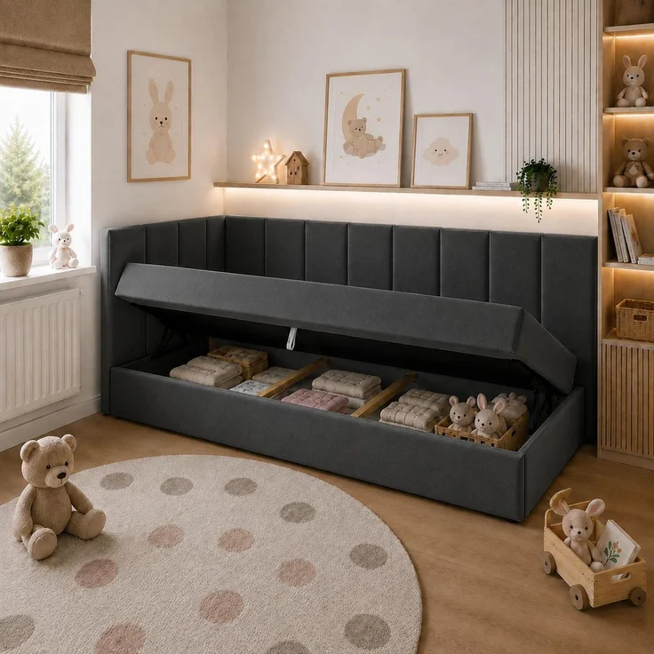 KRISAN MÖBEL Polsterbett TEDY in Grau 80 x 200 cm mit Bettkasten, gepolstertem Kopfteil und praktischem Stauraum, modernes Einzelbett für Kinder- und Jugendzimmer – Bild 5