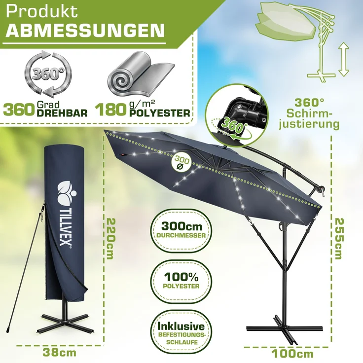 tillvex Alu Ampelschirm Blau LED Solar Ø 300 cm mit Kurbel | Sonnenschirm mit An-/Ausschalter | Gartenschirm UV-Schutz Aluminium | Kurbelschirm mit Ständer Marktschirm wasserdicht – Bild 2