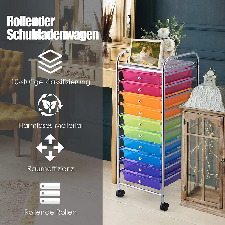 COSTWAY Rollwagen mit Schubladen Rollcontainer Badrollwagen Badtrolley Badregal Beistellwagen mit 10 stapelbaren Schubladen Metallgestell Bunt – Bild 4