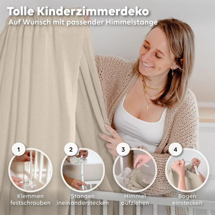lilimaus Betthimmel Handgefertigter Musselin Betthimmel aus 100% Baumwolle für Babybett, Stoffhimmel für Babybett-Deko im Kinderzimmer und Spielzimmer – Bild 3