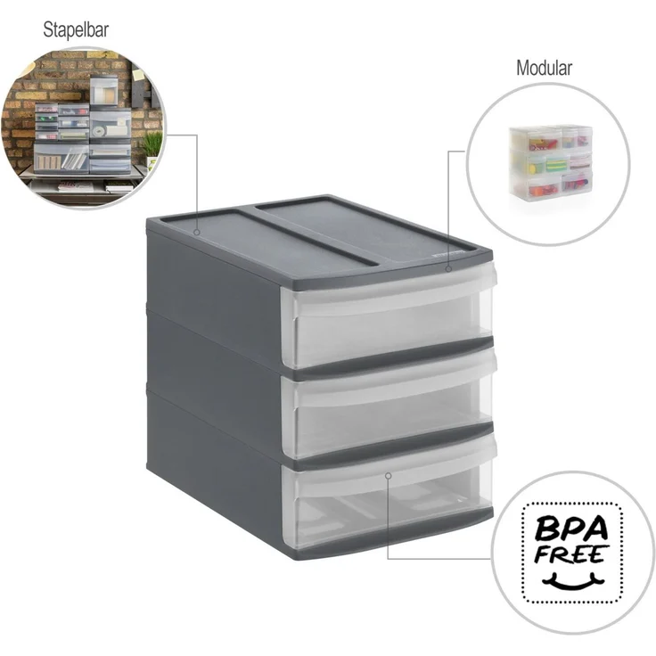 Rotho Schubladenbox Tower Systemix S 3 Schübe anthrazit Ablagebox Briefablage – Bild 4
