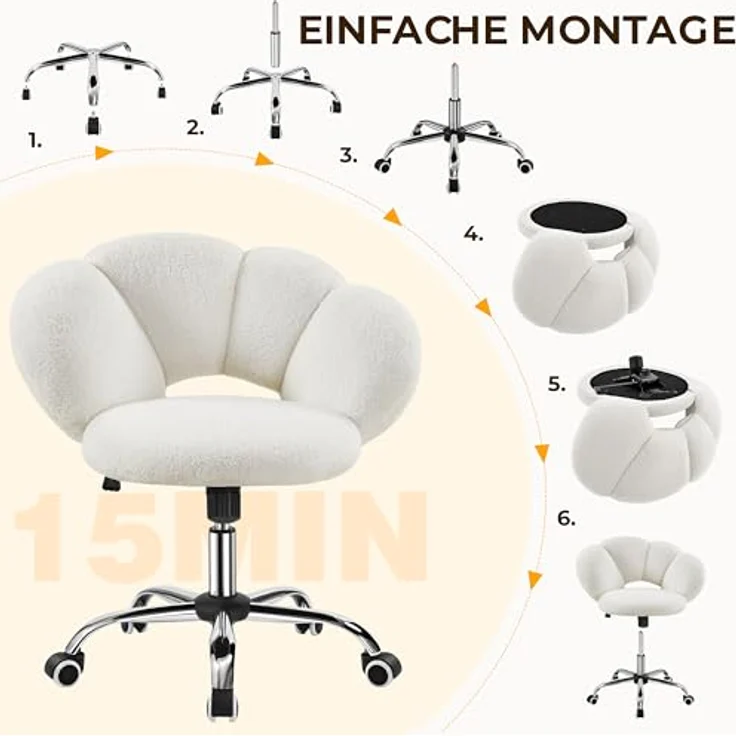 Yaheetech Schreibtischstuhl Bürostuhl Ergonomisch Bürosessel in Wolkenform Schminktischstuhl bis 136 kg Belastbar Computerstuhl Höhenverstellbar für Schlafzimmer Büro Wohnzimmer Weiß – Bild 10