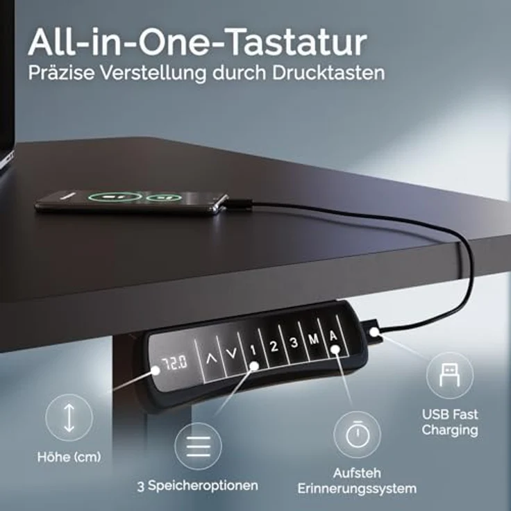 DESQUP DESKSPACE PRO Plus, Elektrisch Höhenverstellbarer Schreibtisch 120x60 cm mit schwarzer Tischplatte, Ergonomischer Stehpult mit Memory Funktion, Kollisionsschutz und USB-Ladefunktion, Schwarzes Gestell – Bild 4