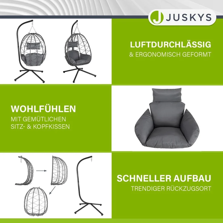 Juskys 'Aria' Hängesessel mit Kissen, höhenverstellbar & faltbar, Polyrattan dunkelgrau, bis 130 kg belastbar – Bild 7