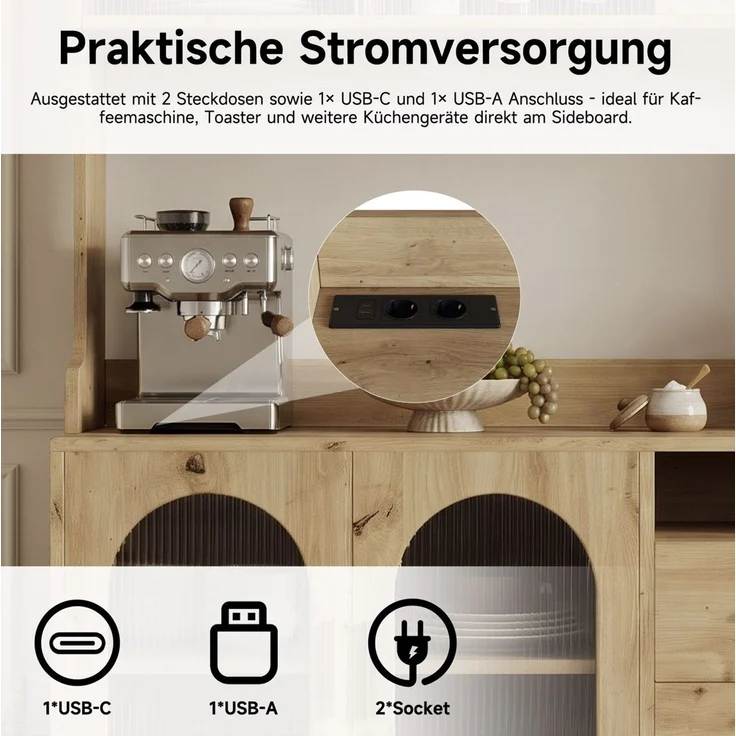 Buffetschrank 120 x 40 x 178 cm mit Steckdosen und USB – Hochschrank in Holzfarbe mit Acrylglasfront – Bild 8