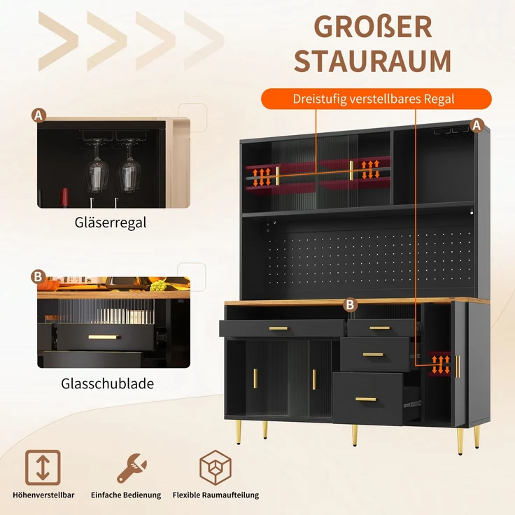 Merax 171cm Hochschränke fürs Wohnzimmer, Küchenschrank, Esszimmerschrank, Schränke mit LED-Beleuchtung, Hoher Schrank mit Lochwandregalen, schwarz – Bild 6