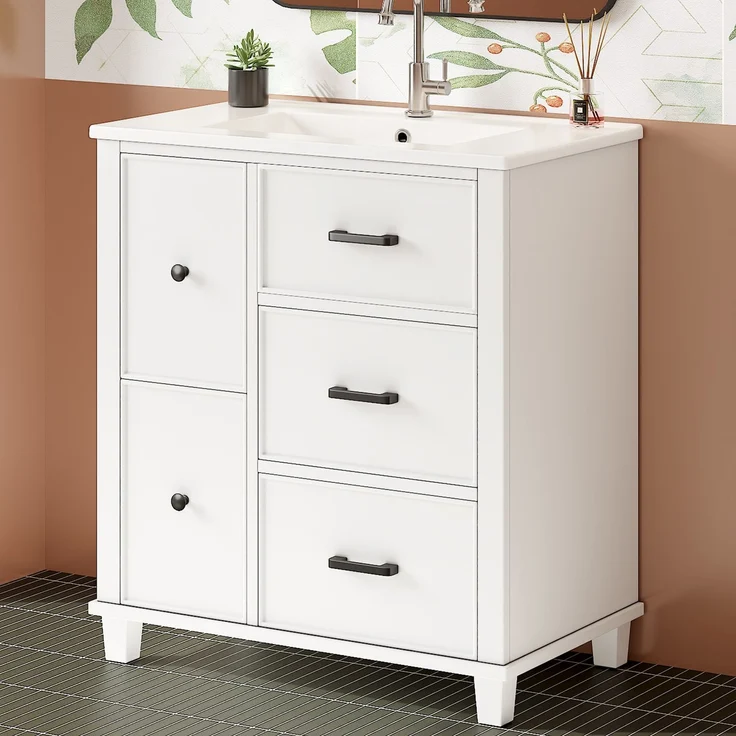 Waschtisch 76,5x47x83,5 cm, freistehend, mit Keramikbecken und Schubladen, Weiß – Bild 4