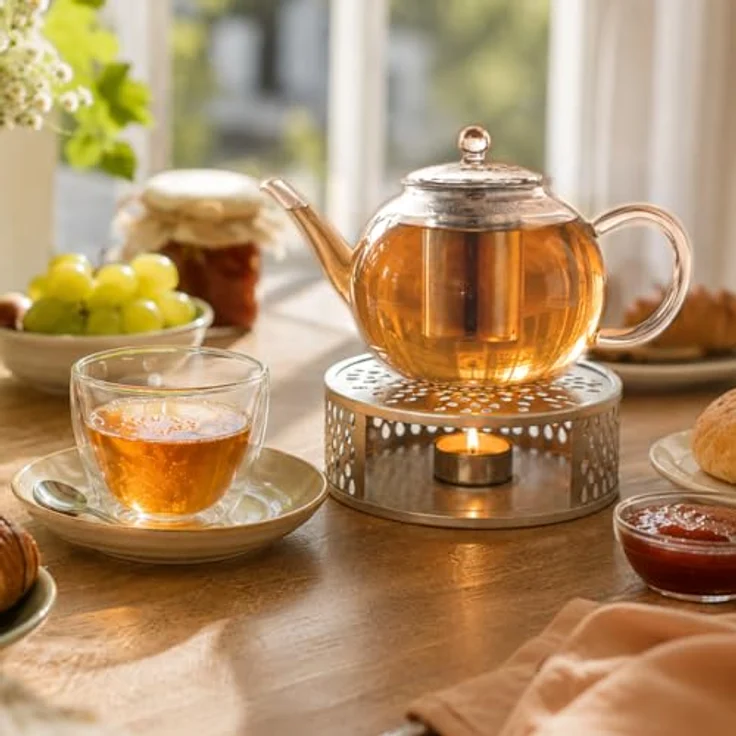 Creano Teekanne Creano Teekanne aus Glas 1,2l + ein Stövchen aus Edelstahl, 3-teilige, (Set, 4-St) – Bild 3