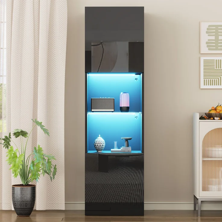 ZUBALIYA Vitrine (45 x 35 x 160 cm), LED - Beleuchtung, Hochglanzoptik, Aufbewahrung für Sammlerstücke, Geschirr und Dekoration, Schwarz – Bild 4
