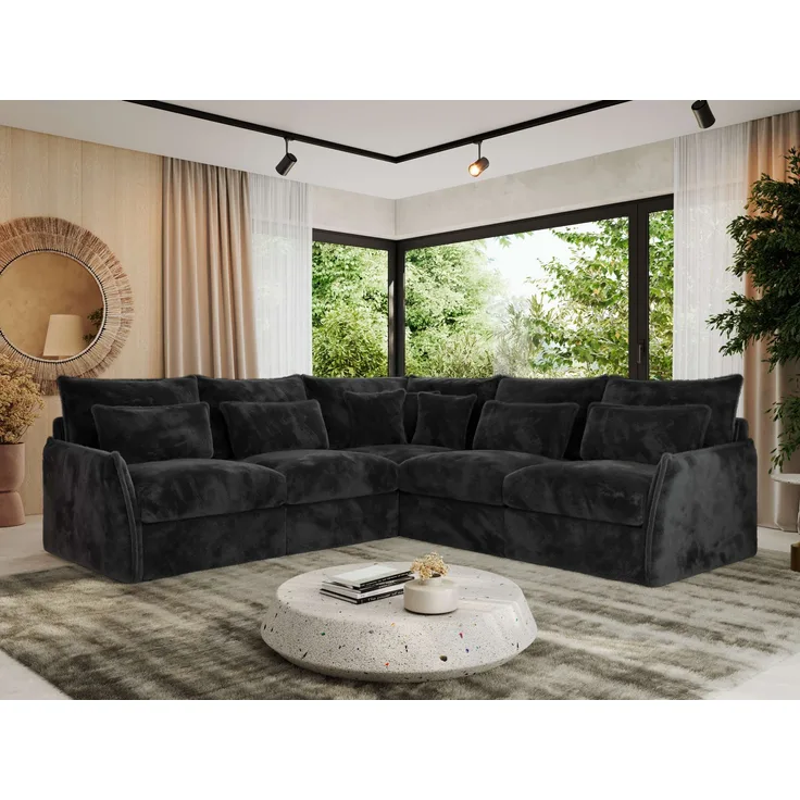 Ecksofa für Wohnzimmer, L-förmige Ecke mit losen Kissen, modular 4-Sitzer couchgarnitur - VERSO - Dunkelgrau Plüschstoff