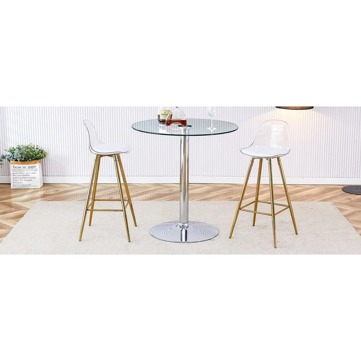 Flexibles Bar-Set: Runder Glastisch mit 89 cm Durchmesser + 2 Barhocker mit goldfarbenen Beinen.• Transparente Optik • Vielseitig einsetzbar •Schafft visuelle Weite und spart Platz, Flexibles Bar-Set: Runder Glastisch mit 89 cm Durchmesser + 2 Barhocke... – Bild 6
