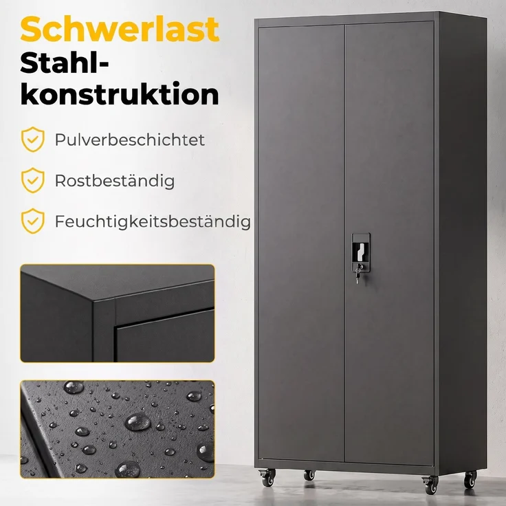 MELAYR, Aktenschrank, Abschließbar Metallschrank mit Rollen, Verstellbaren Ablagen, aus Stahl, 80 x 40 x 180 cm Schwarz – Bild 6