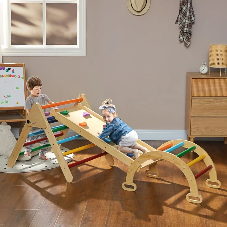 LVHOM 5-in-1 Klettergerüst aus Holz, Pikler Dreieck mit Rutsche & Bogenbrücke, faltbares Kletterdreieck für Kleinkinder, Motorikspielzeug bis 50 kg – Bild 2