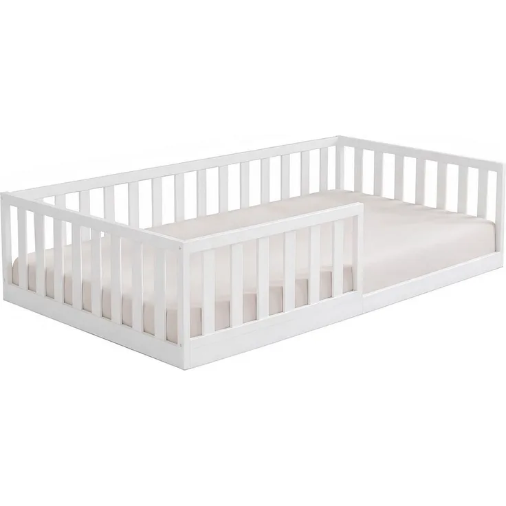 Baby-Delux Einzelbett Montessori Bodenbett, Kinderbett 90x200 cm Weiß Jugendbett mit Rausfallschutz Matratze