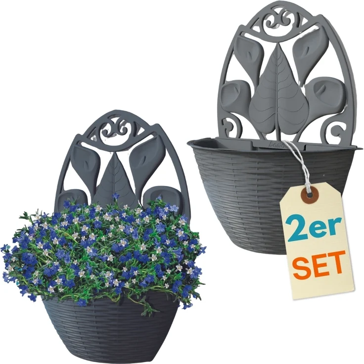 GarPet Blumentopf 2x Blumentopf Wand Blumen Topf Pflanzen Halterung 32 Anthrazit Rattan – Bild 1