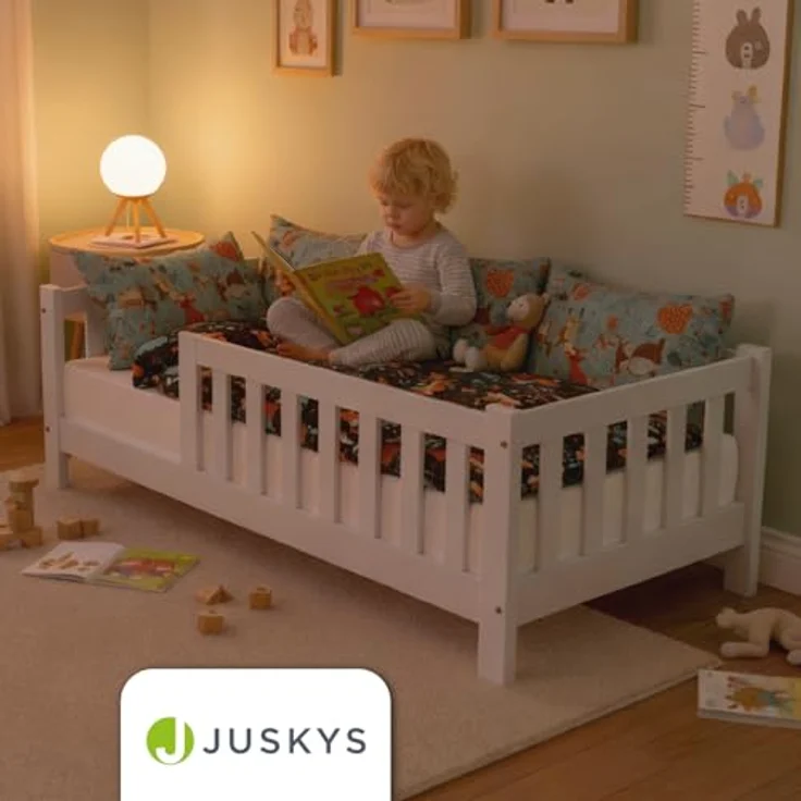 Juskys 'Naya' Kinderbett - mit Rausfallschutz & Lattenrost - Bodenbett für Kinder 3 -10 Jahre - modern, Holz Weiß, 140x200 cm – Bild 8