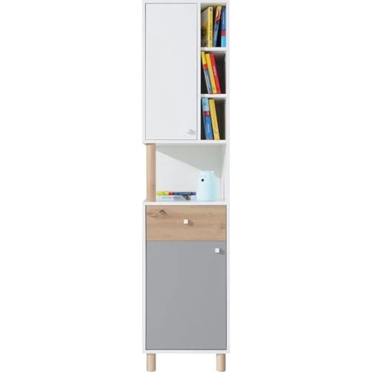 Jugendzimmer Farin in Weiß, Eiche Artisan & Grau – Modern mit Massivholz-Füßen, in verschiedenen Set-Varianten oder als Einzelmöbel für Kinder & Jugendliche - 7 teilig , Eckkleiderschrank · Standregal mit Türen · Standregal mit Schubkästen · Schreibtis... – Bild 4