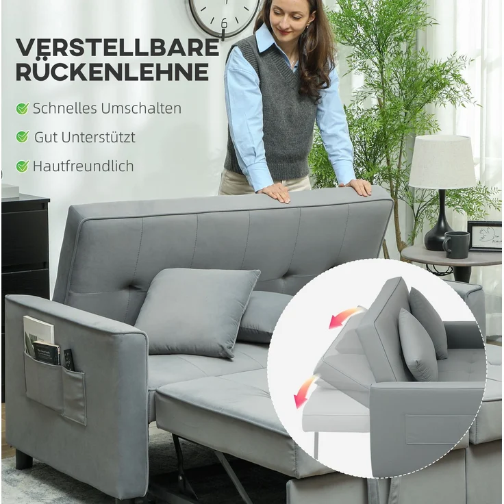 Schlafsofa 4-in-1 mit Bettkasten & verstellbarer Rückenlehne, 140,5x90,5x89 cm, Grau – Bild 4
